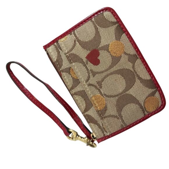 Coach Handbags - COACH! ADORABLE TAN MONOGRAM W/GOLD DOTS & HEART, RED LEATHER WRISTLET, WALLET!